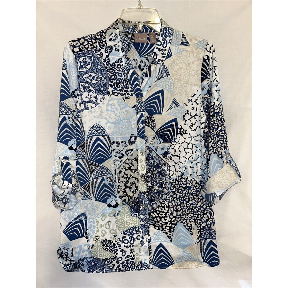 Chicos Women’s Small Tunic Blouse Roll Tab Sleeve Bandana Western Patchwork